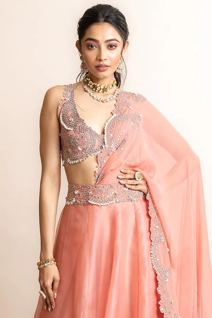 Old Rose Organza & Satin Hand Embroidered Lehenga Saree Set