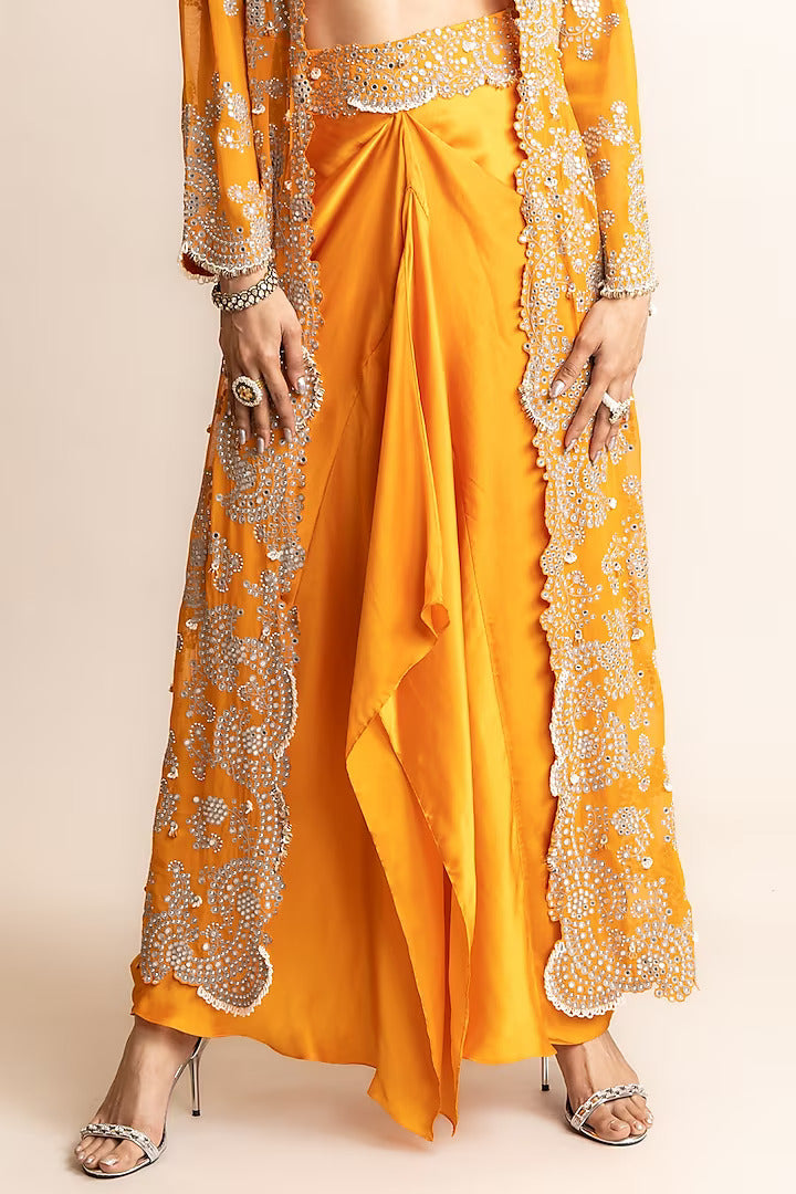 Orange Crepe & Georgette Hand Embroidered Long Jacket Set