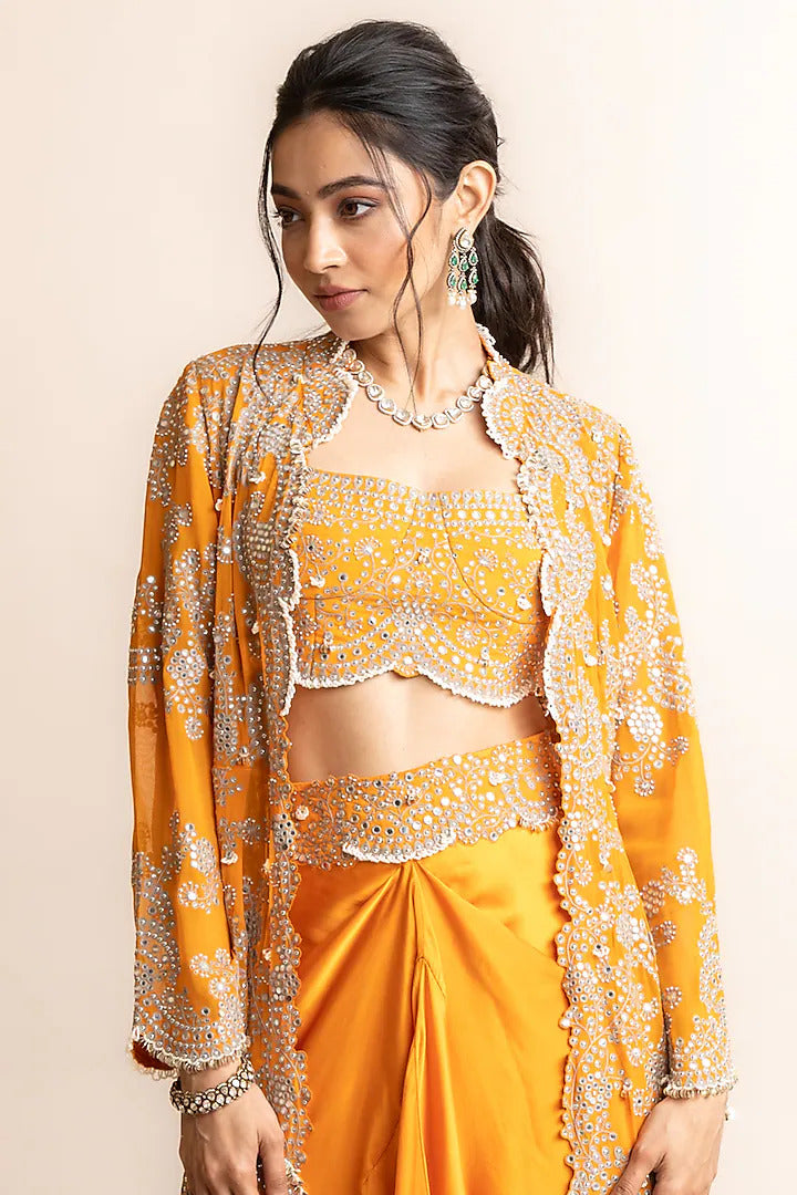 Orange Crepe & Georgette Hand Embroidered Long Jacket Set