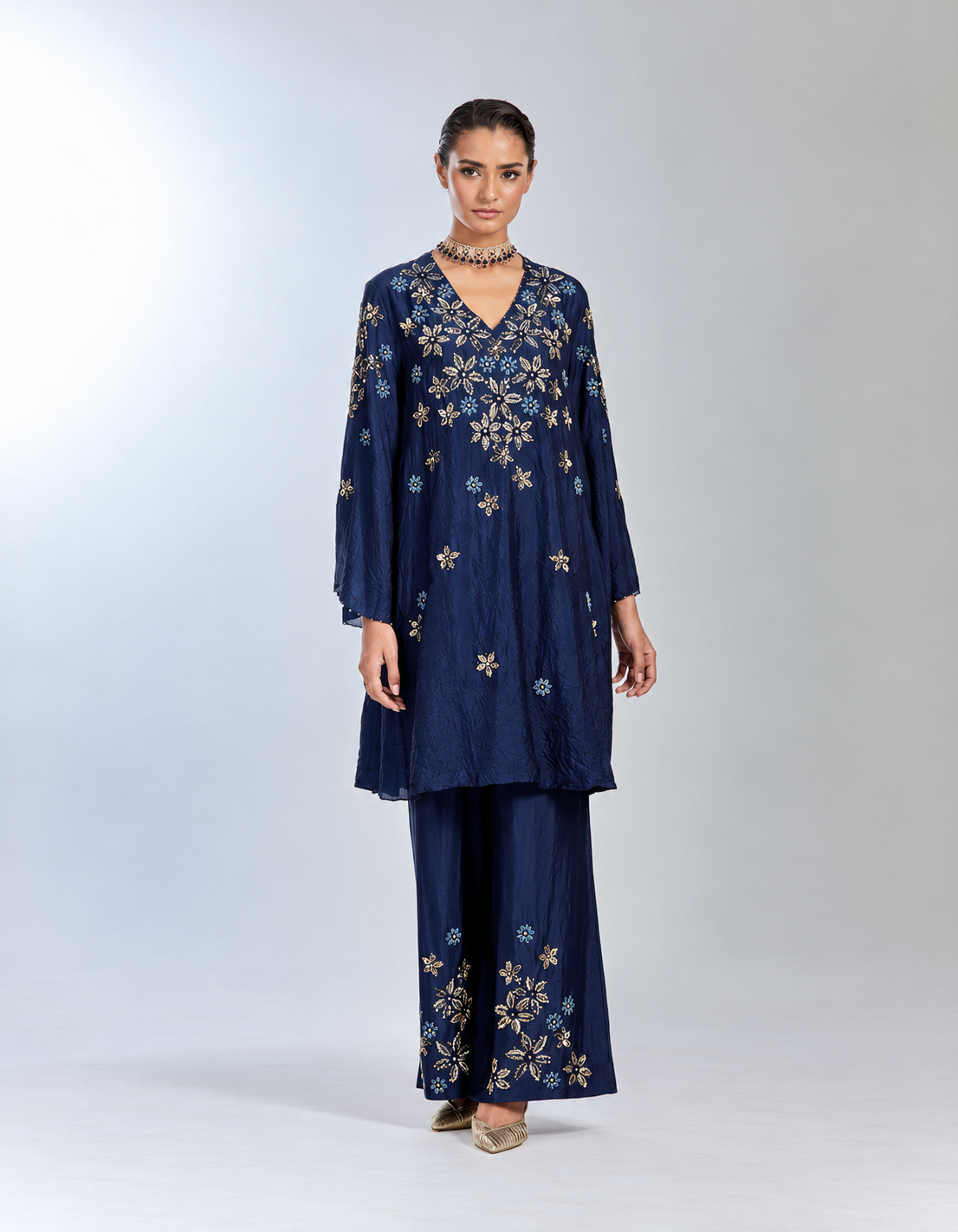 Navy silk co-ord set with floral hand embroidered clusters