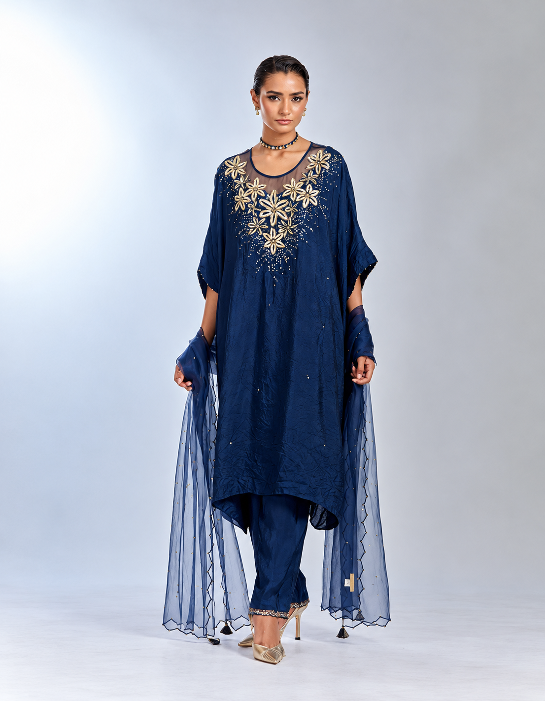Navy silk organza dupatta with scalloped edging and sequin detail
