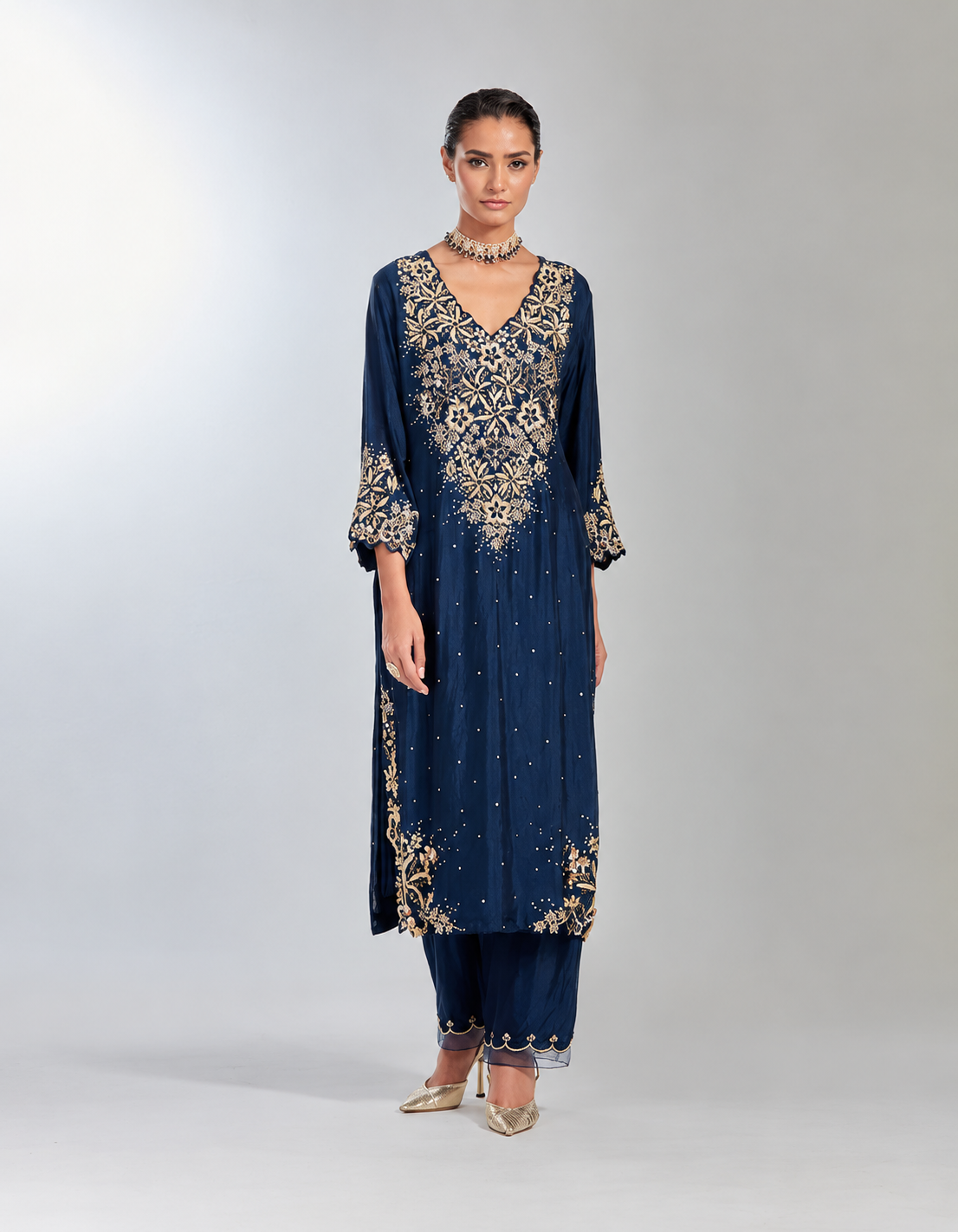 Navy silk straight kurta set with intricate floral hand embroidery