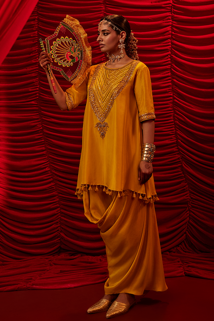 Elegant Yellow Embroidered Silk Tunic Skirt Co-ord Set for Festive Wear