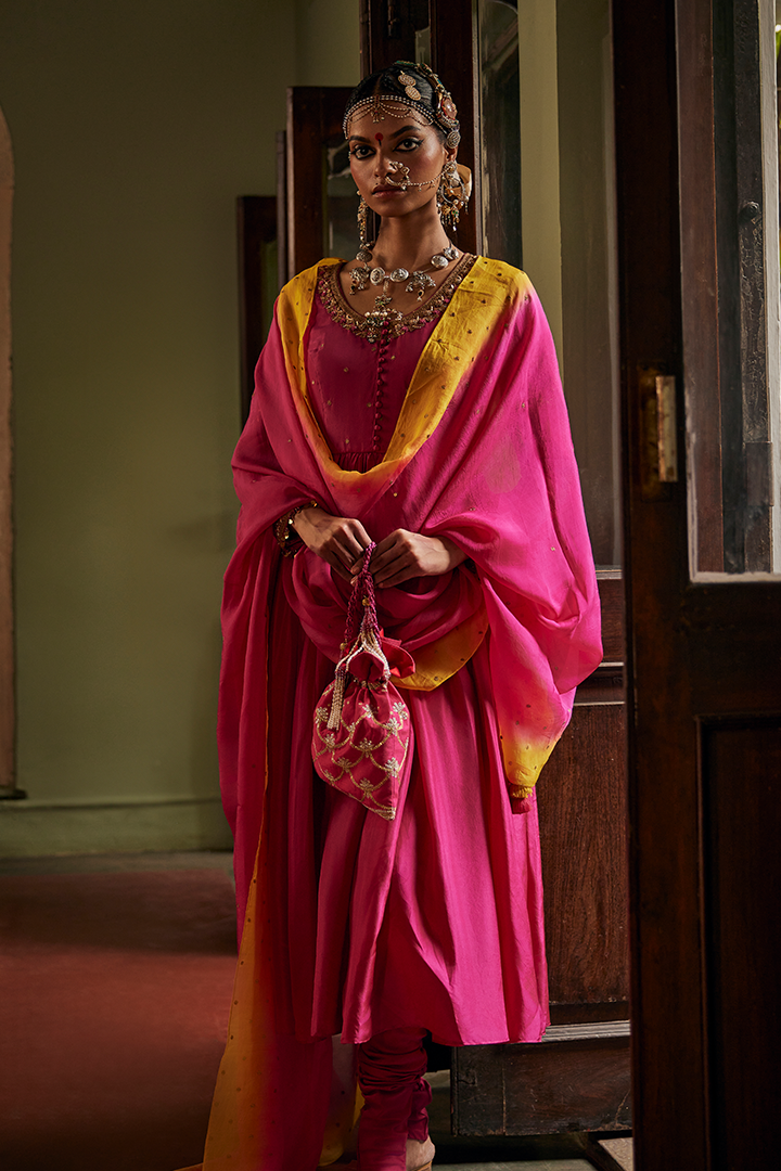 Luxurious Rani Pink Silk Embroidered Anarkali Suit Set with Organza Dupatta