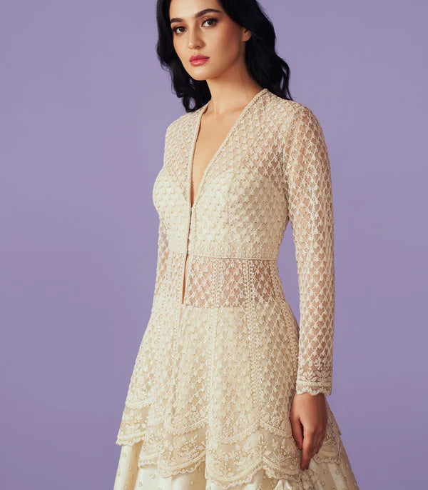 Ivory Raw Silk Pearl Hand Embroidered Lehenga Set