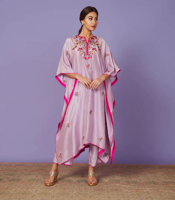 Lavender Dupion Silk Multi Thread Work Kaftan Set