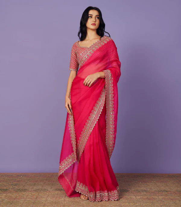 Rani Pink Organza Ombre Nadira Saree Set