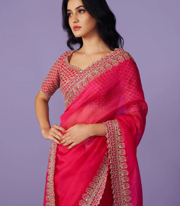Rani Pink Organza Ombre Nadira Saree Set