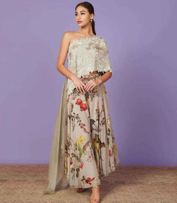 Ivory Dupion Silk Pearl Embroidered One-Shoulder Cape Set