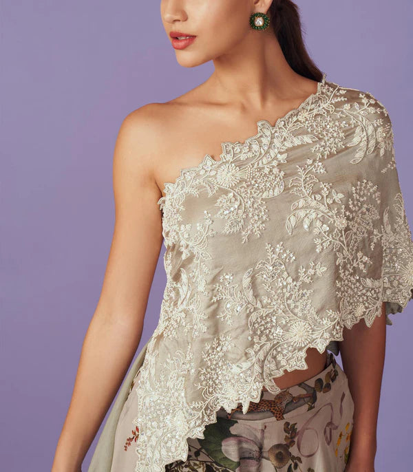 Ivory Dupion Silk Pearl Embroidered One-Shoulder Cape Set