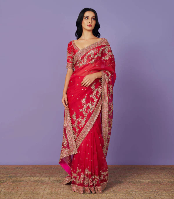 Red Organza Zardozi Saree Set
