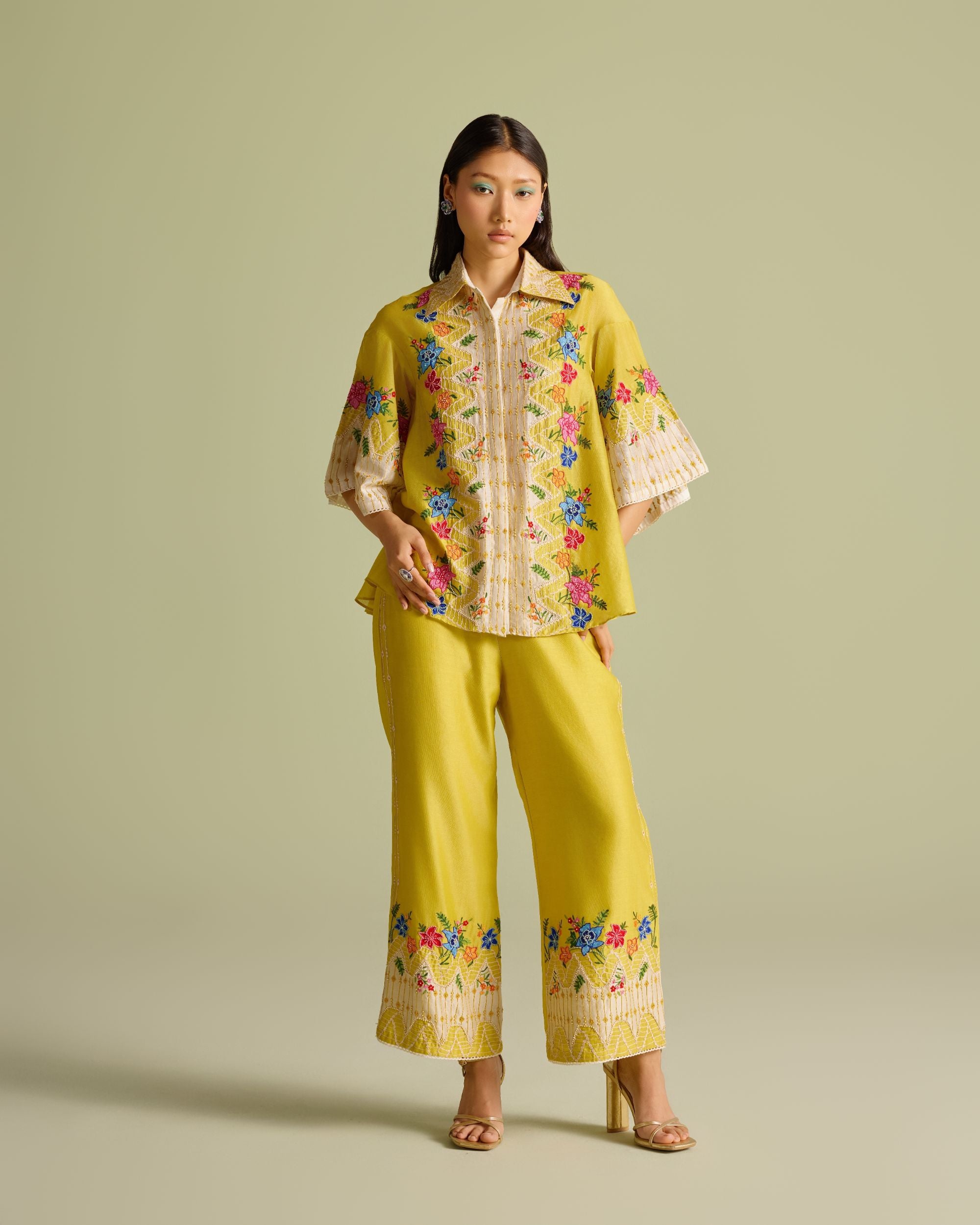 Yellow Floral Embroidered Color Block Pants