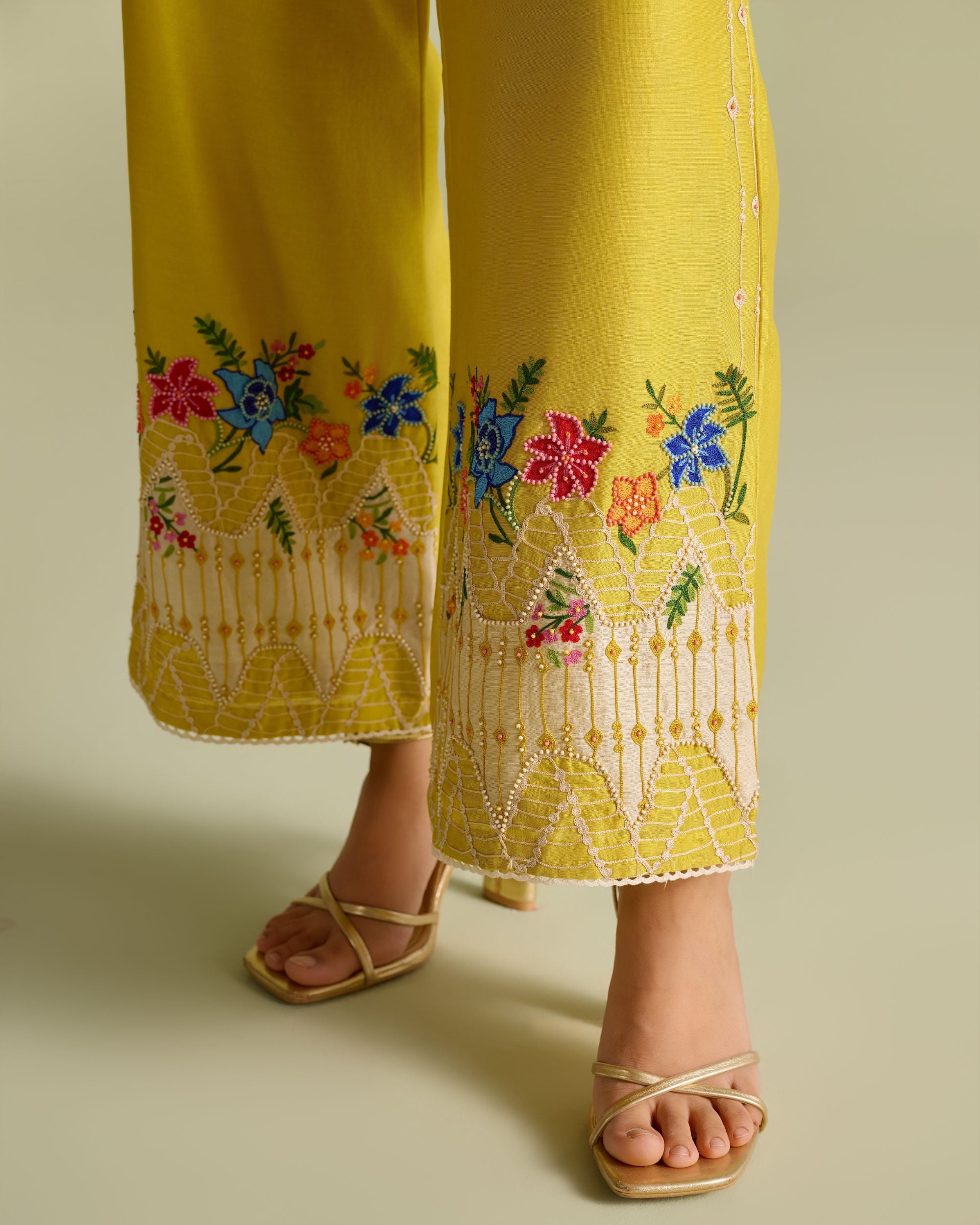 Yellow Floral Embroidered Color Block Pants