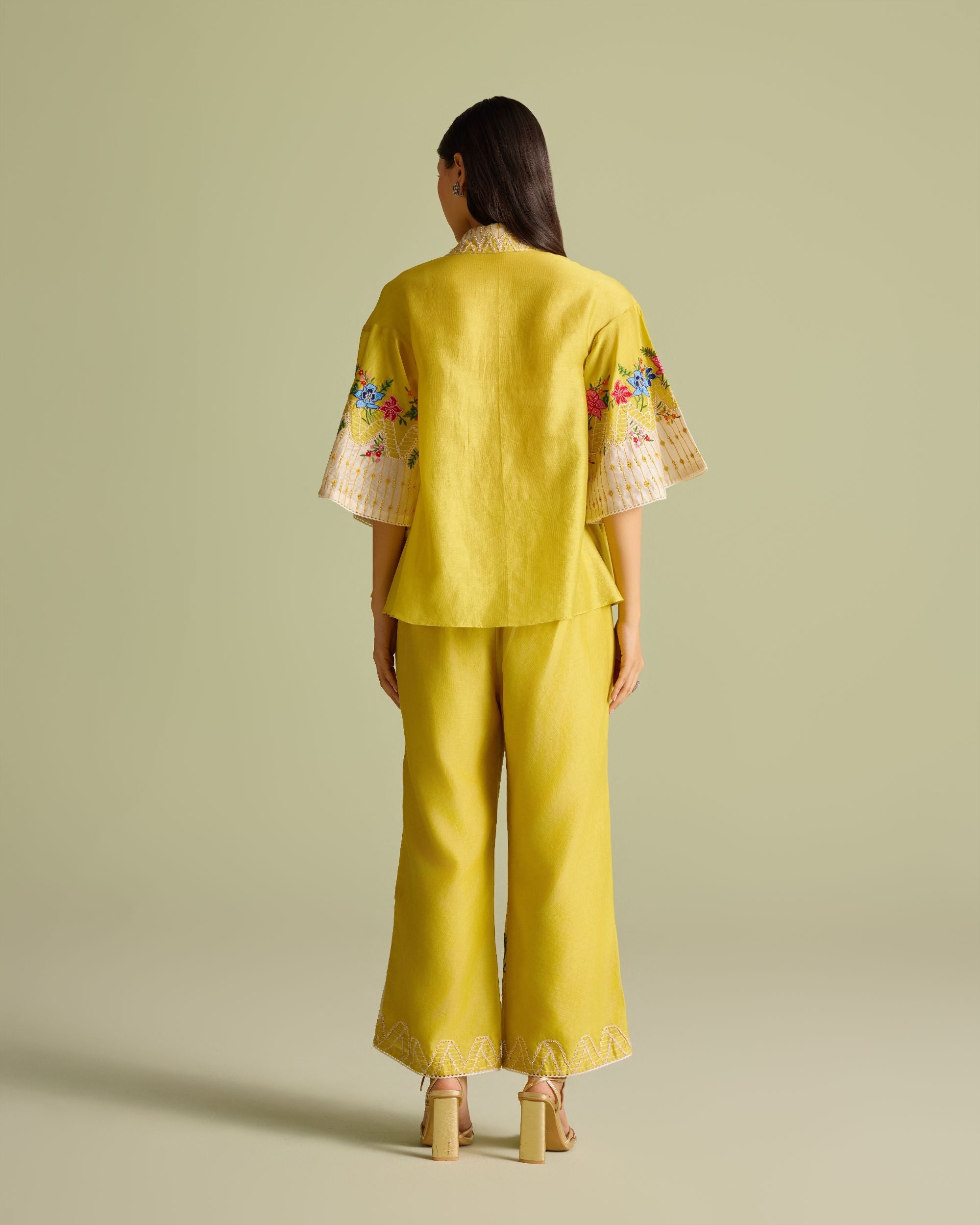 Yellow Floral Embroidered Color Block Pants