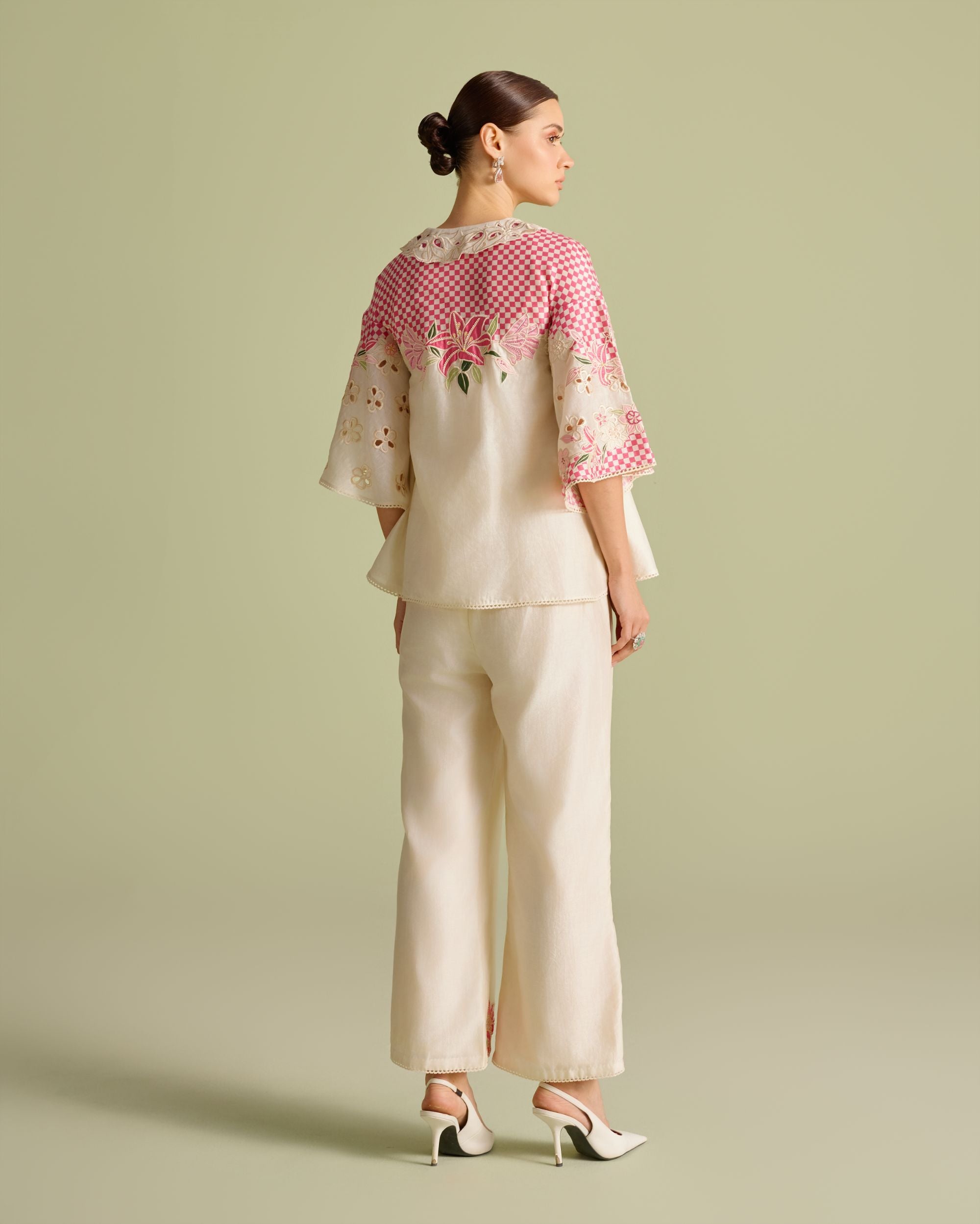 Ivory And Fuchsia Checkered Applique Pants