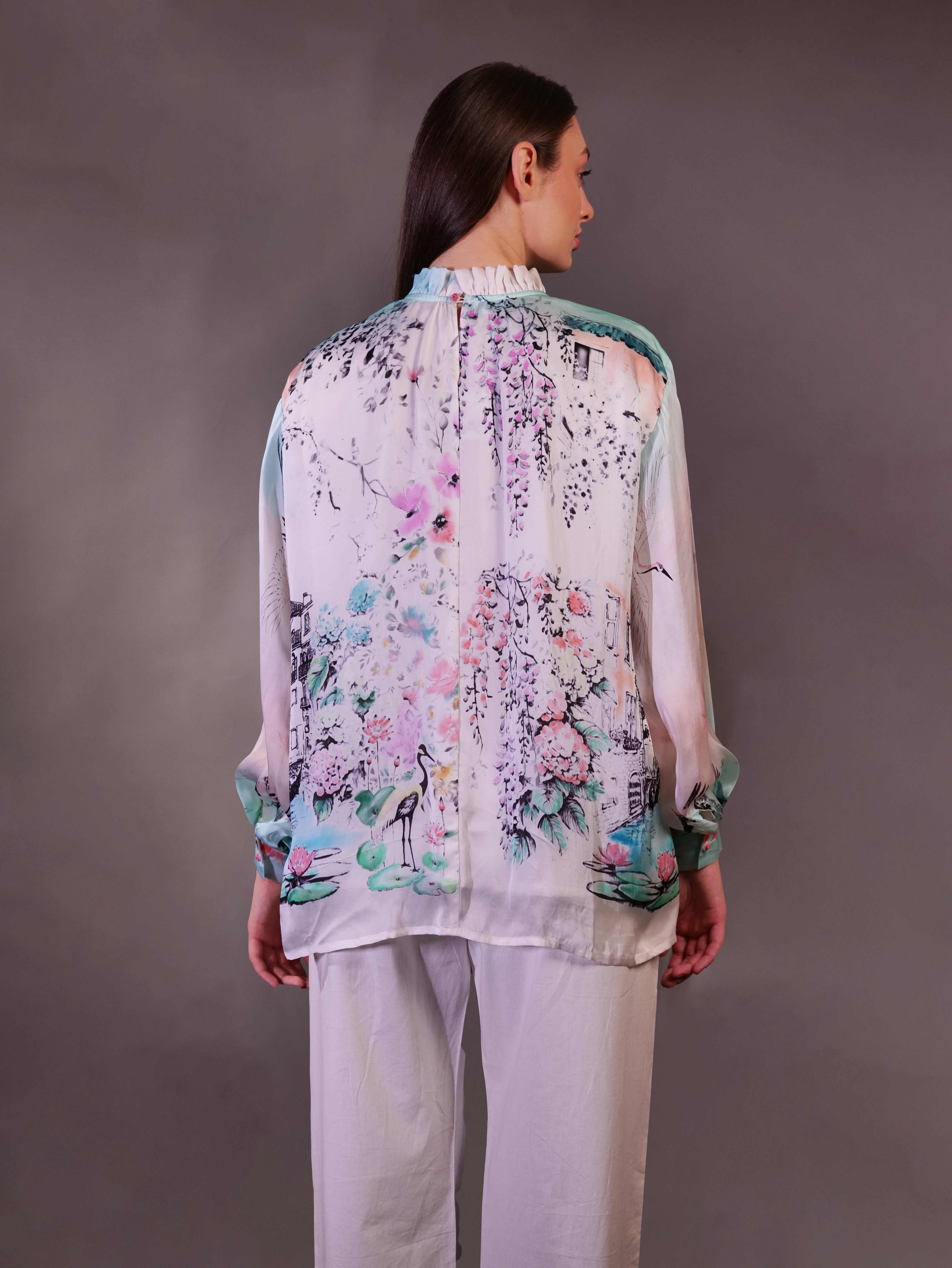 Silk Organza Printed Top with Cotton Trousers