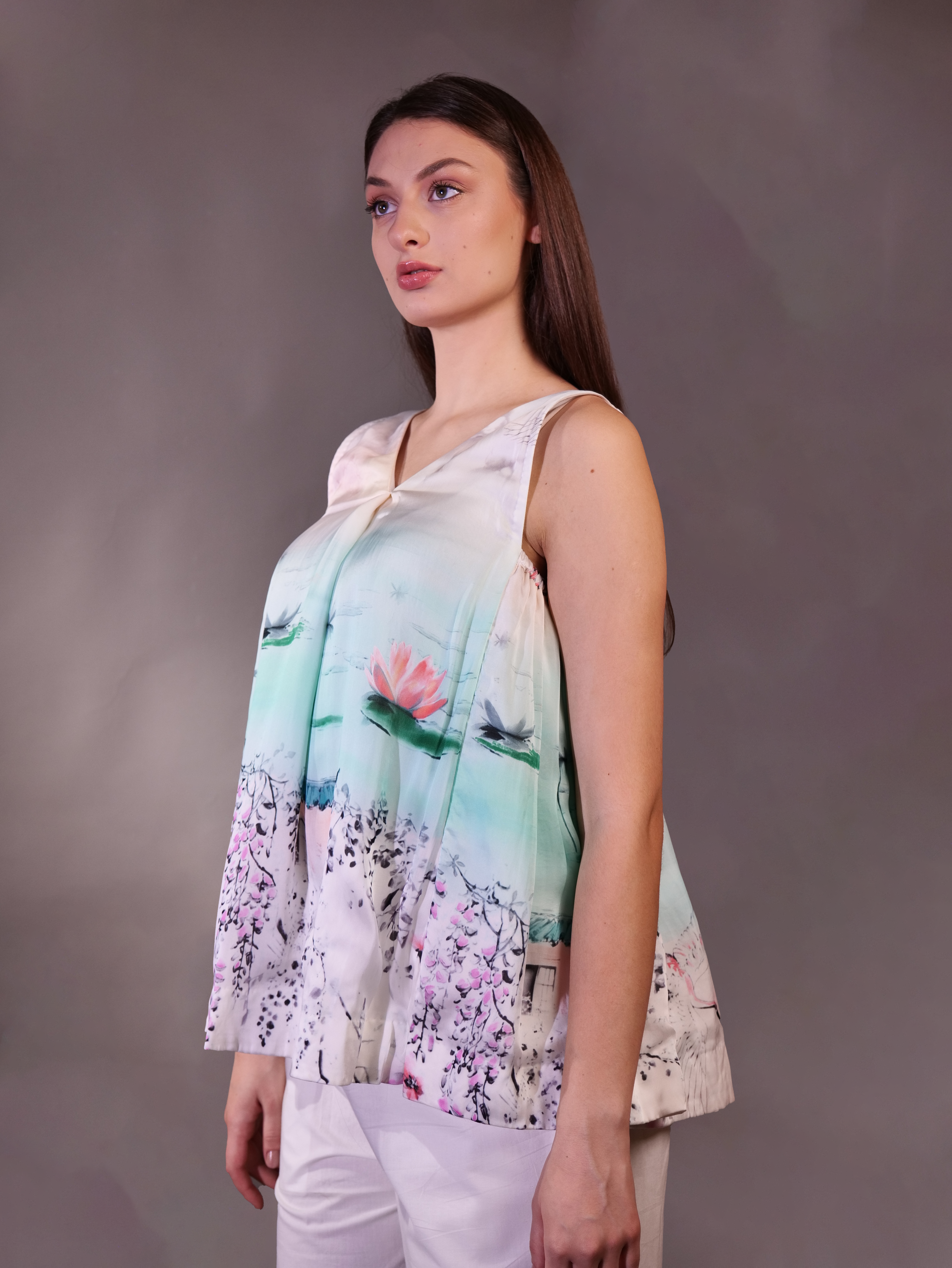 Silk Organza Printed Top with Cotton Trousers