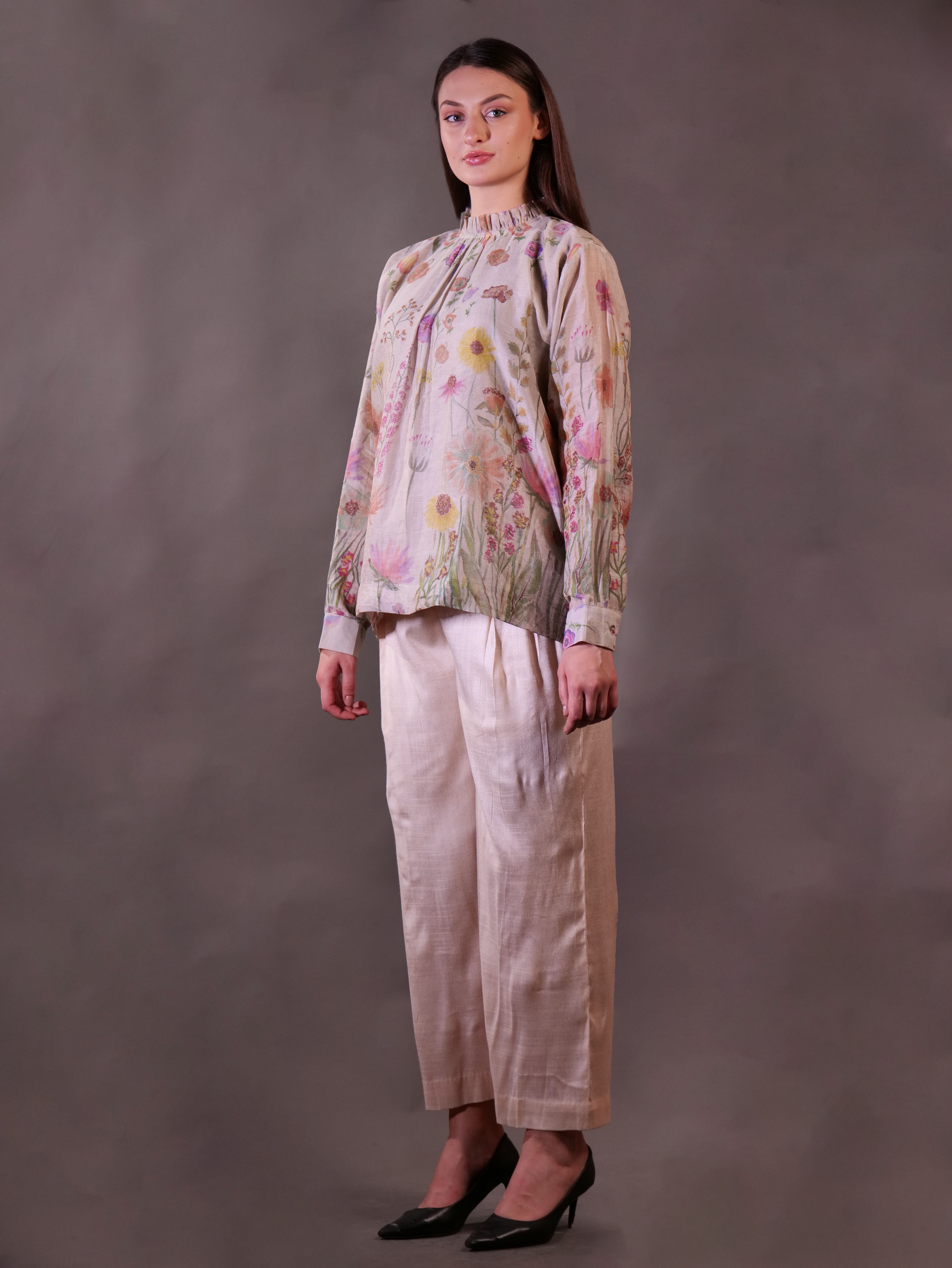 Silk Organza Printed Top with Cotton Trousers