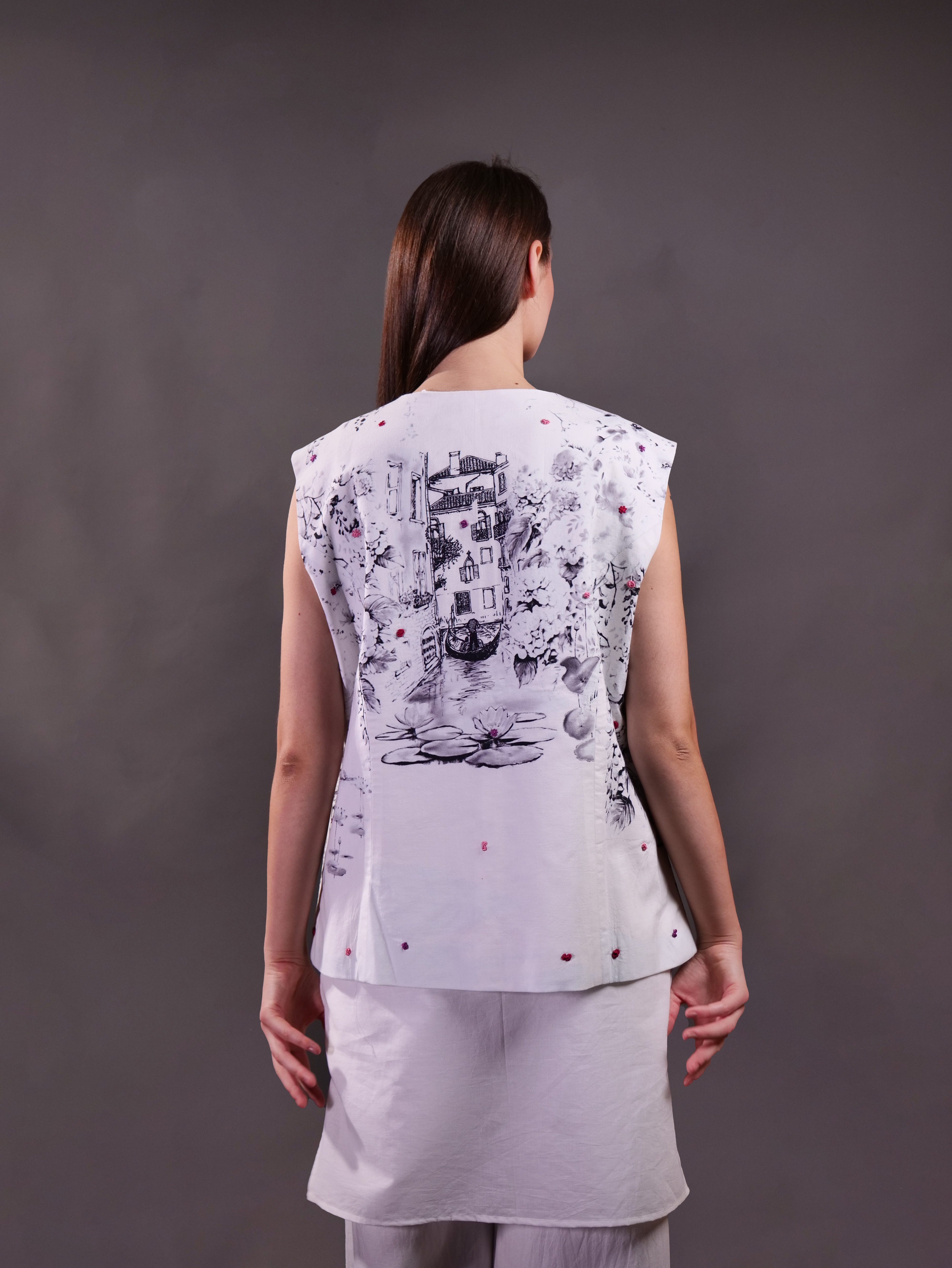 Printed Waistcoat with embroidery highlight and Kantha Embroidery Trousers