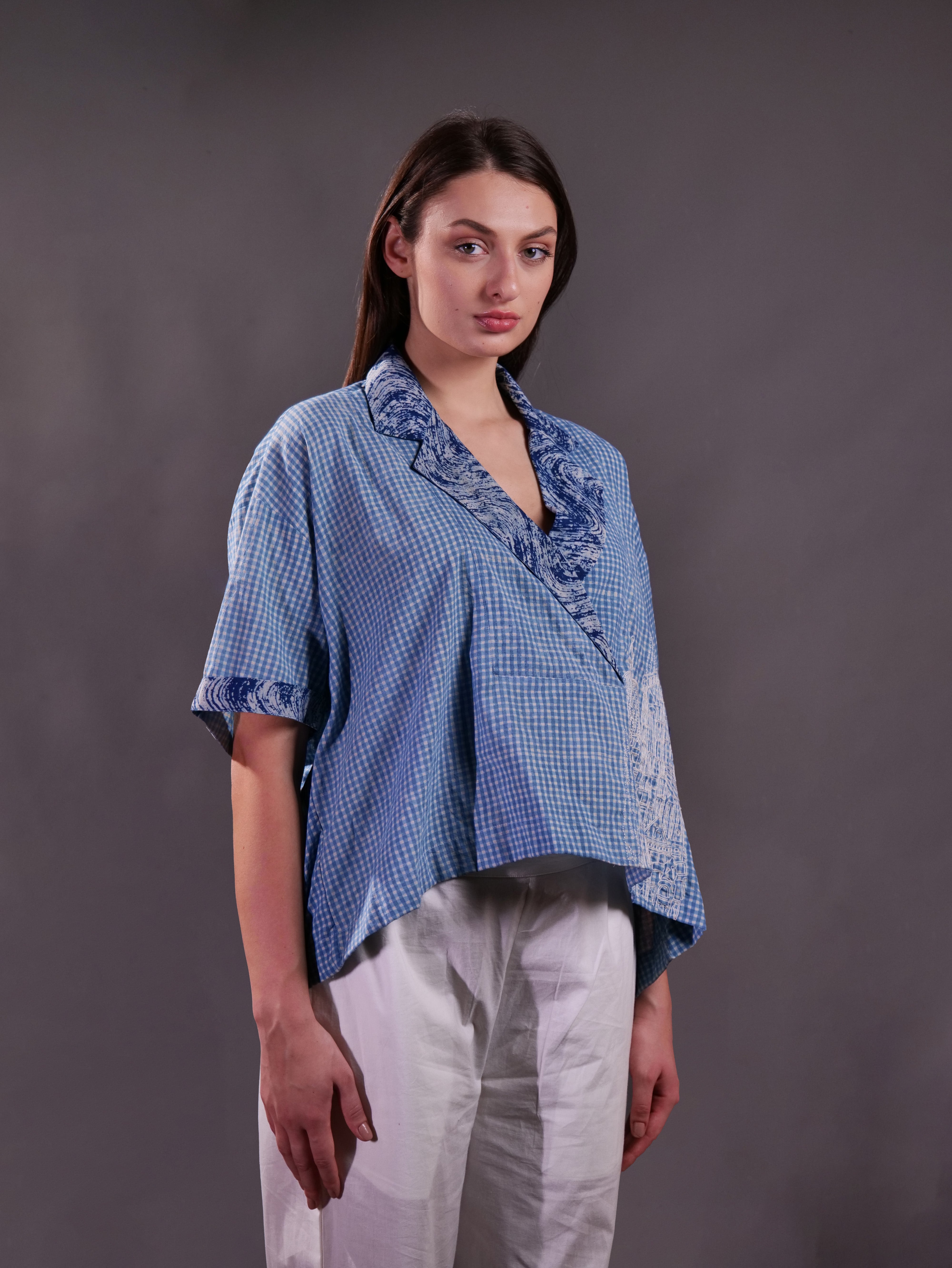 Block Printed Cotton Top with Hand Embroidery Kantha paired with Cotton Trousers