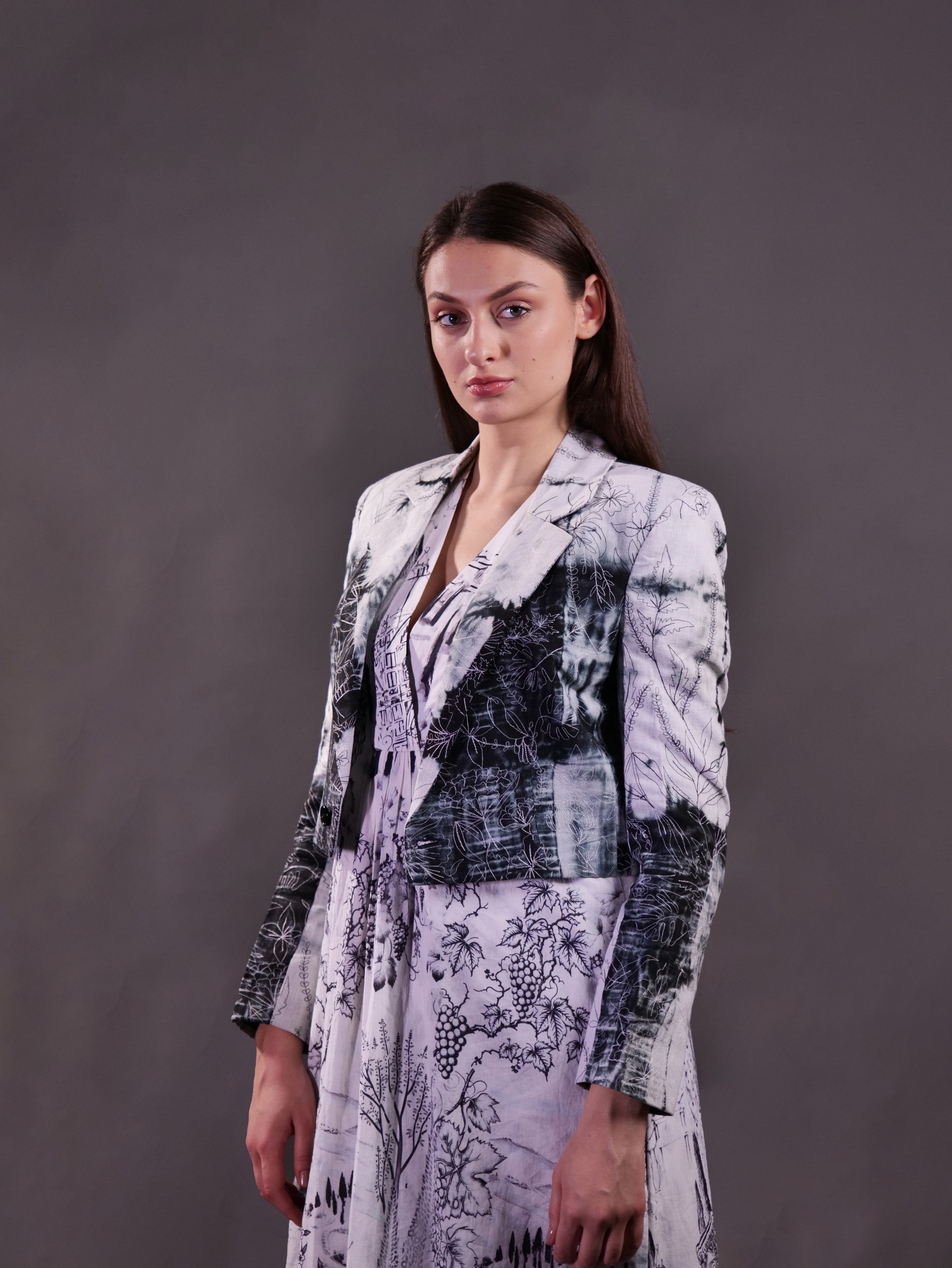 Shibori Jacket with hand embroidery layered over printed western kurta with trousers