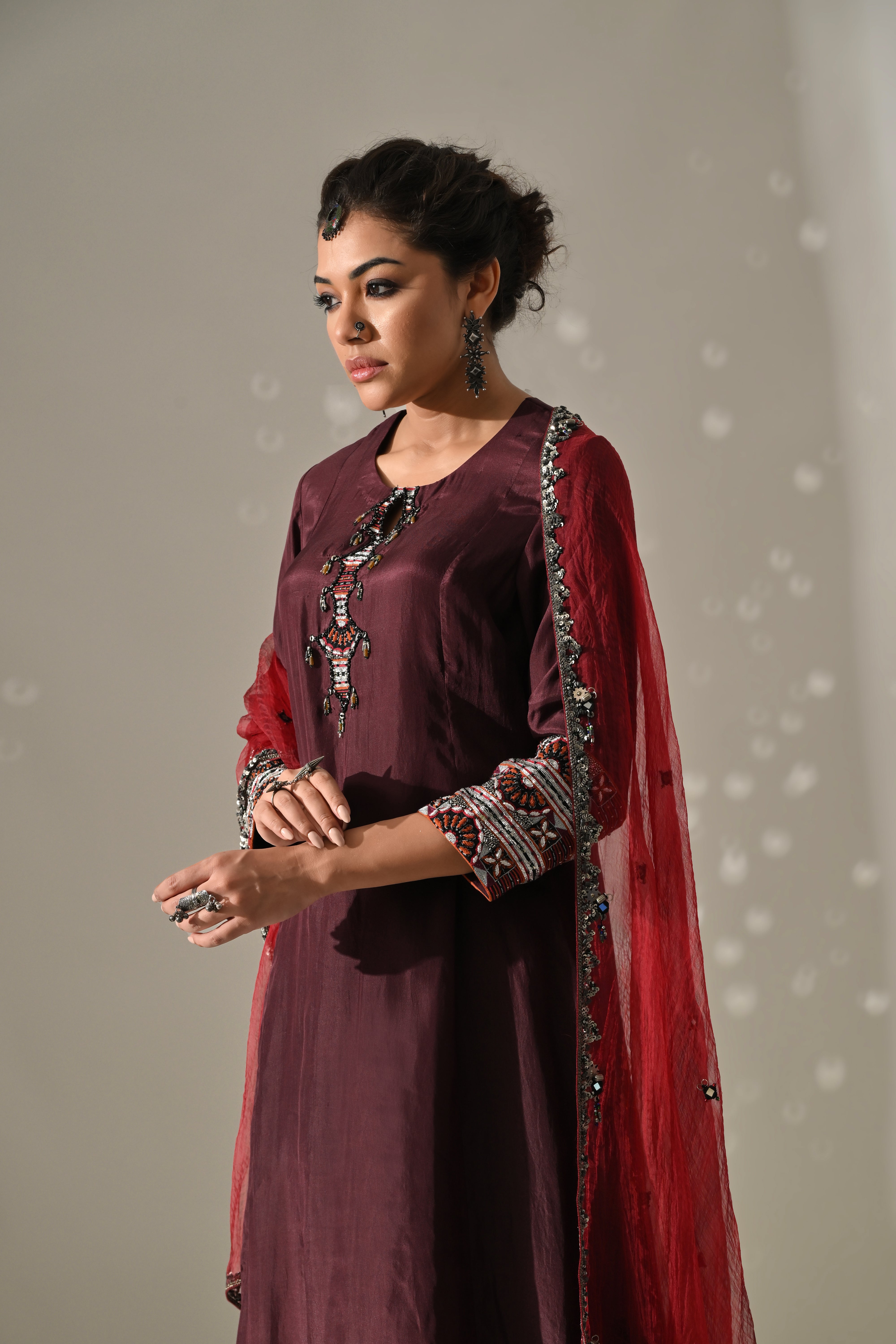 Deep Plum Orange Hand Embroidered Kurta Set
