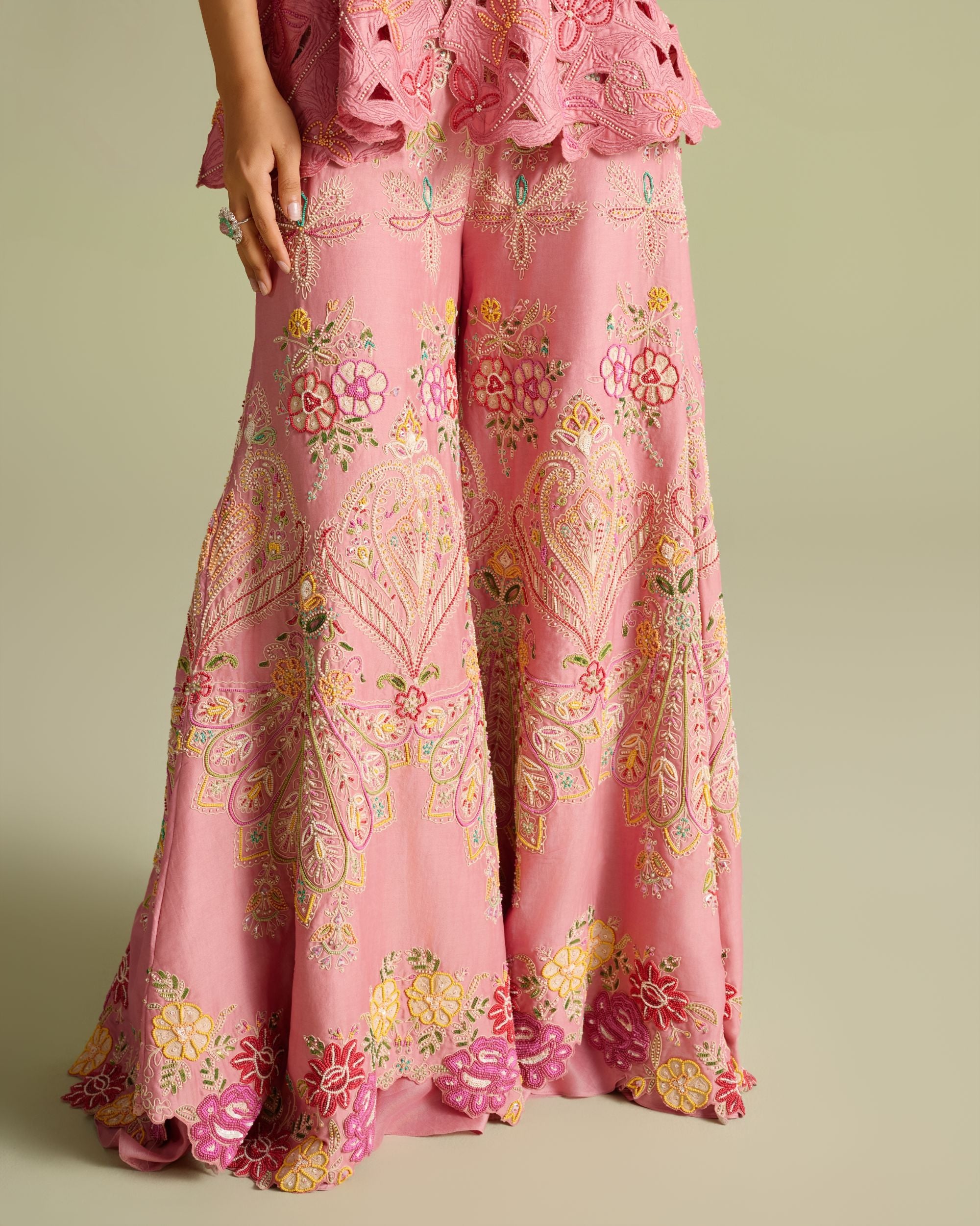 Pink Contrast Cordwork And Beadwork Sharara Pants