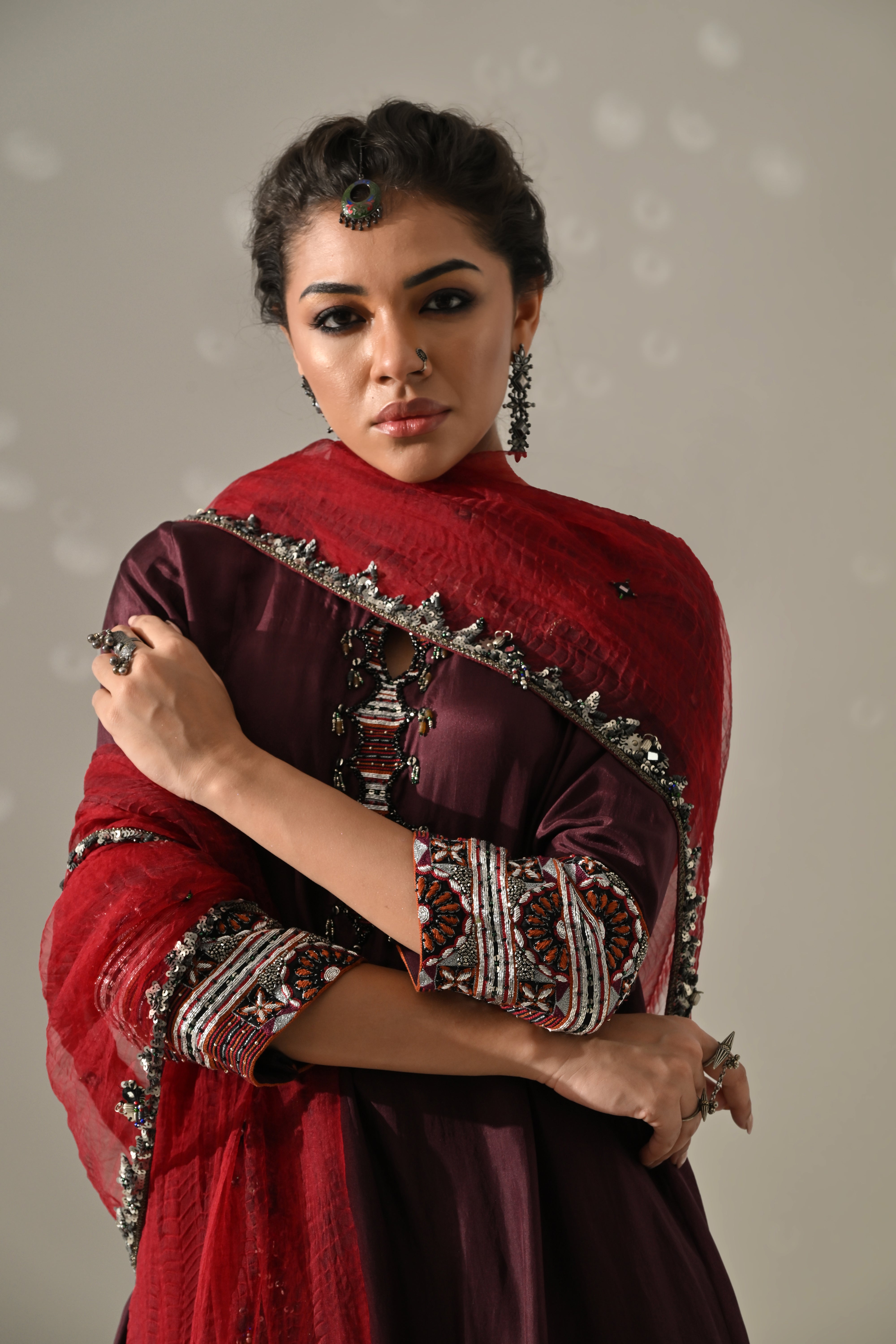 Deep Plum Orange Hand Embroidered Kurta Set