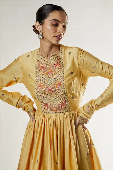 Yellow Brocade Gathered Sharara Dress