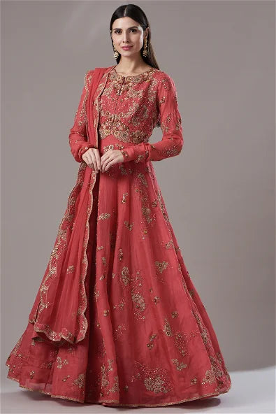 Red Organza Shimmer Kalidar Anarkali Set