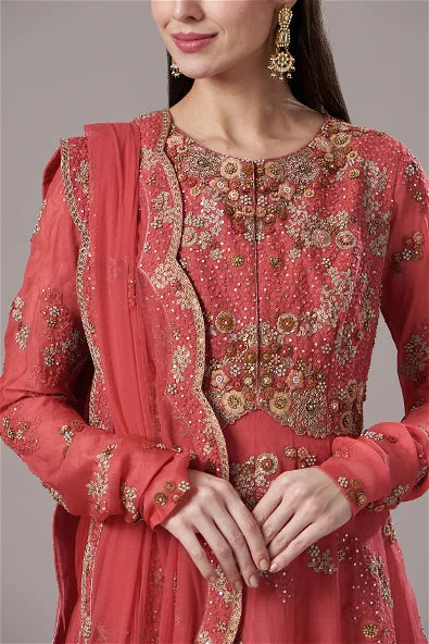 Red Organza Shimmer Kalidar Anarkali Set
