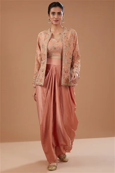 Peach Satin Draped Skirt Set