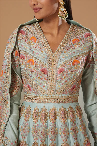 Blue Embroidered Kalidar Anarkali Set