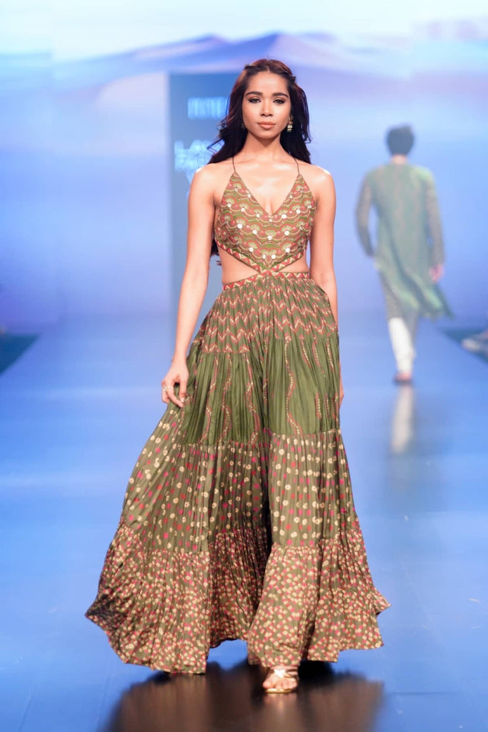 Kacha Aam Coin and Resham Work Yoke Tiered Dress