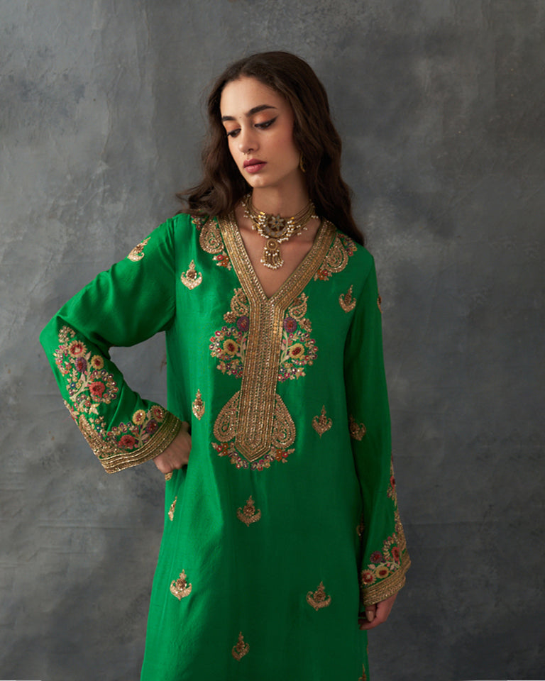 Gulrez Knee length kurta set with emboidered pants.