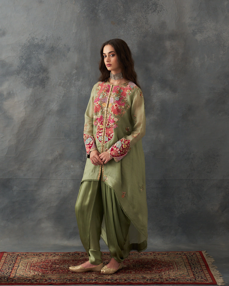 Velvet patchwork Asymetrical kurta with Dhoti pants.