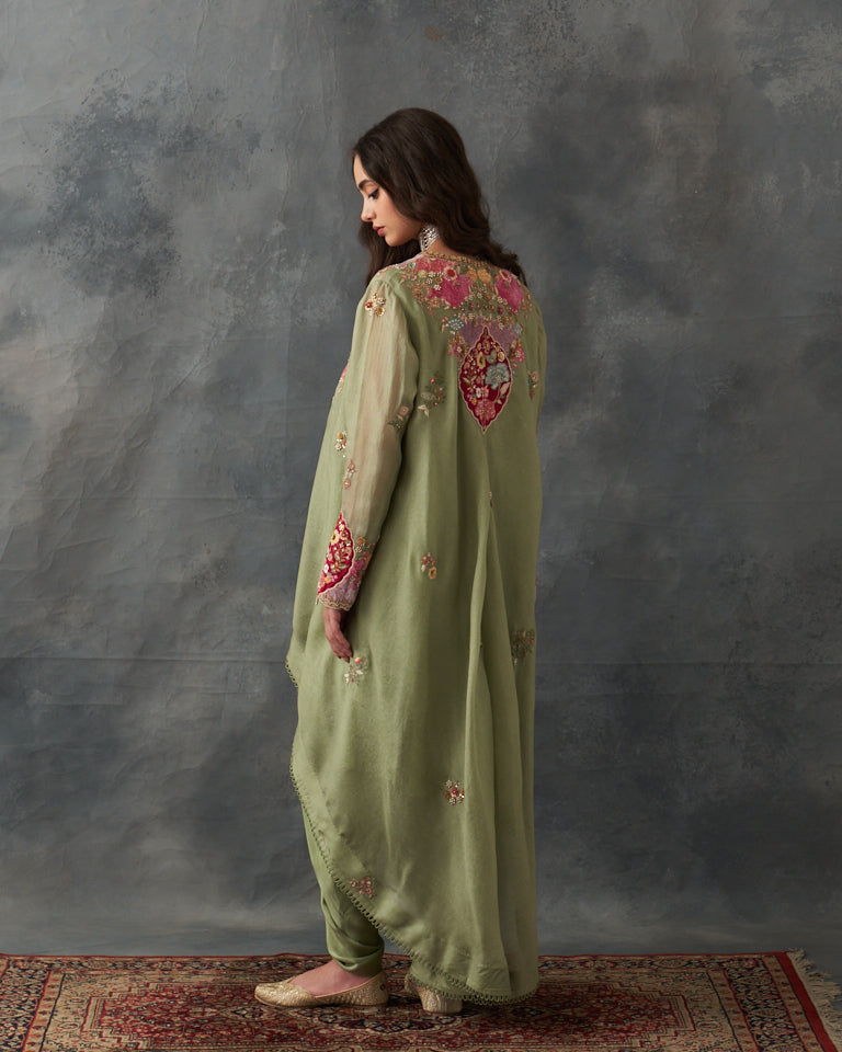 Velvet patchwork Asymetrical kurta with Dhoti pants.