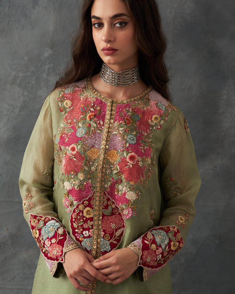 Velvet patchwork Asymetrical kurta with Dhoti pants.