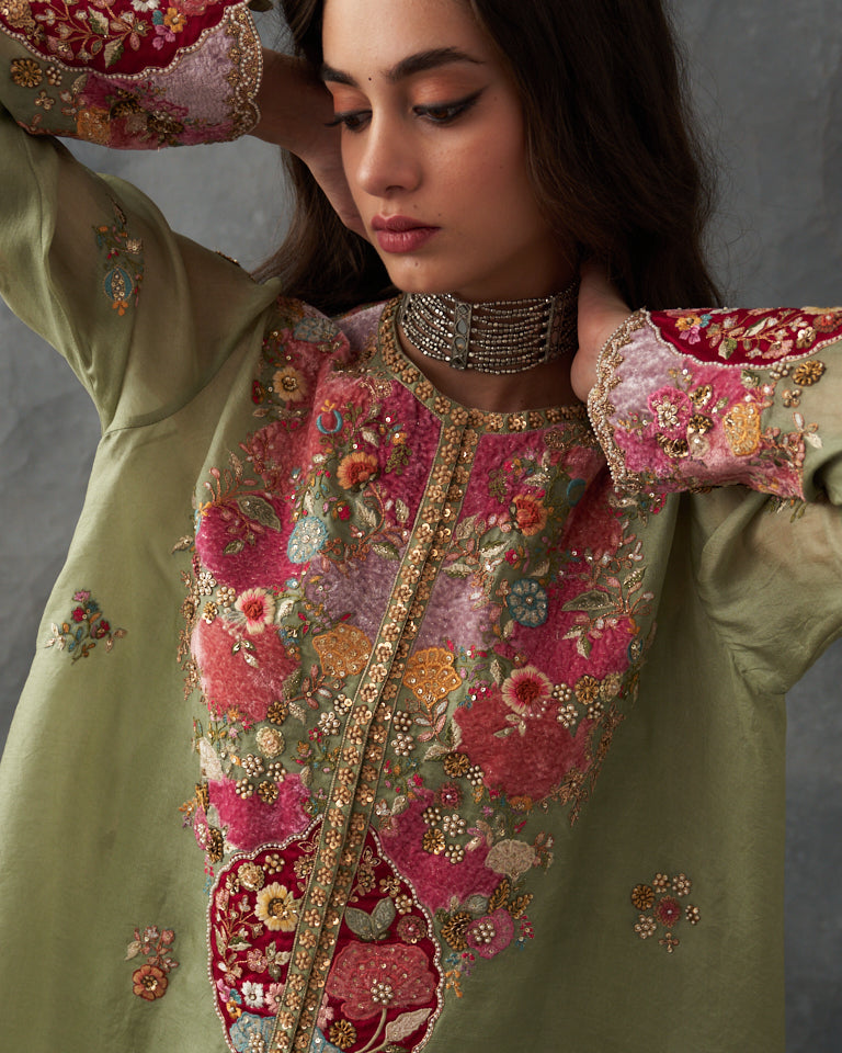 Velvet patchwork Asymetrical kurta with Dhoti pants.