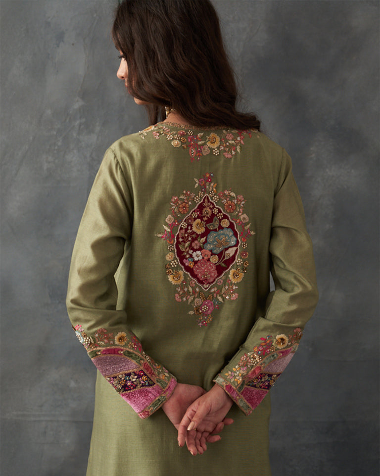 Velvet patchwork Kurta with pants & dupatta.