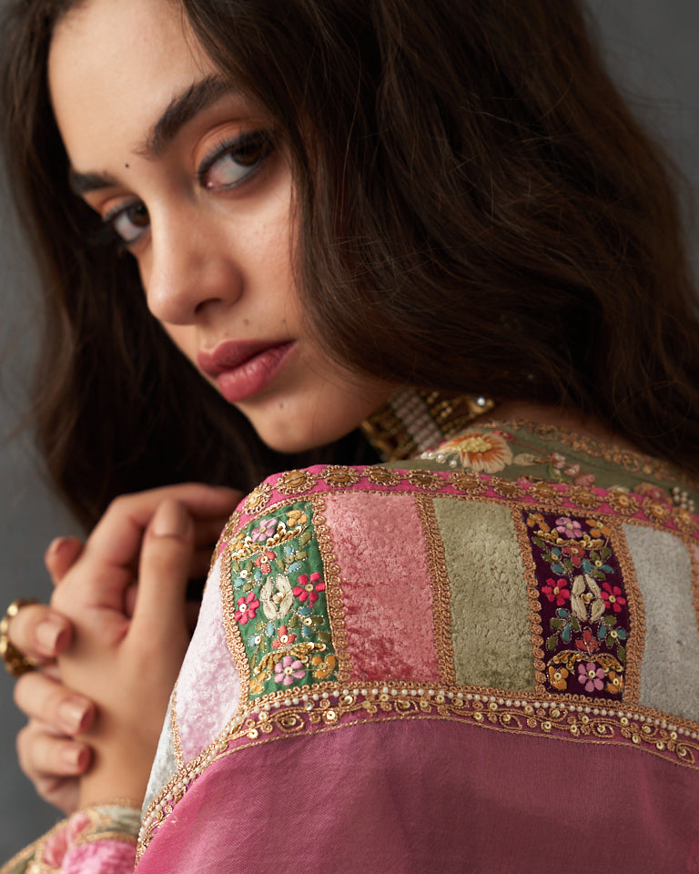 Velvet patchwork Kurta with pants & dupatta.