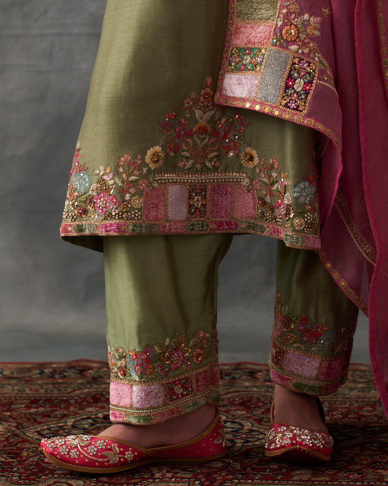 Velvet patchwork Kurta with pants & dupatta.
