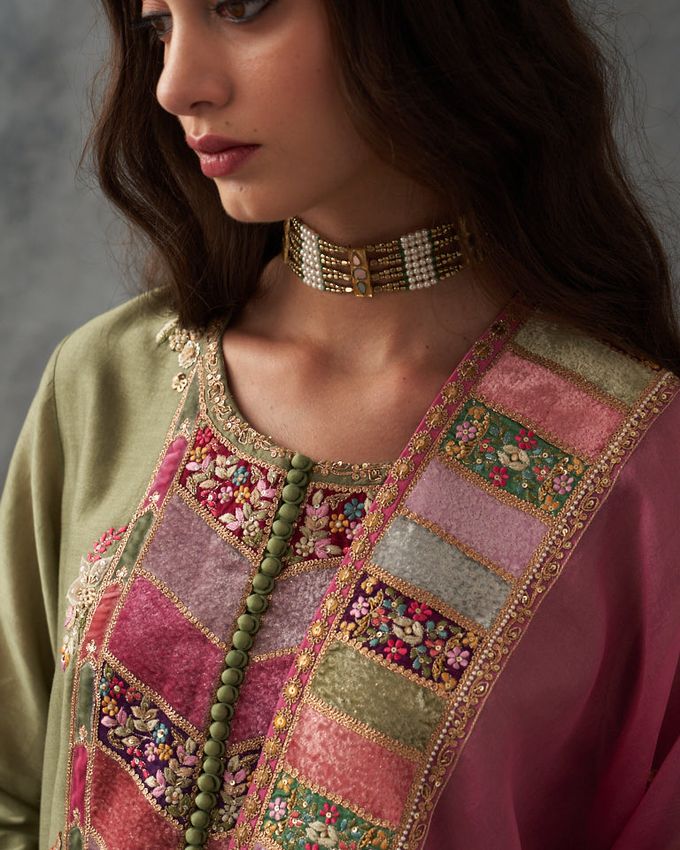 Velvet patchwork Kurta with pants & dupatta.