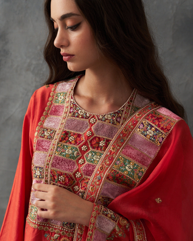 Velvet patchwork pakistani kurta set with heavy bottom & dupatta.