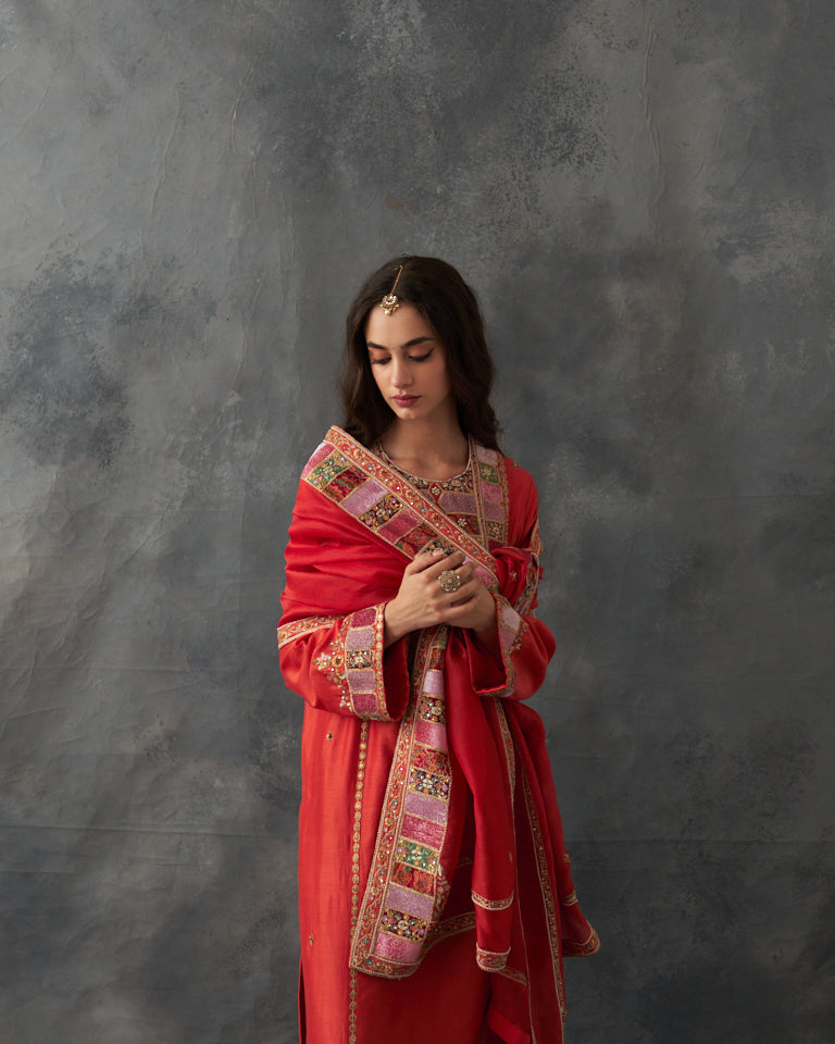 Velvet patchwork pakistani kurta set with heavy bottom & dupatta.