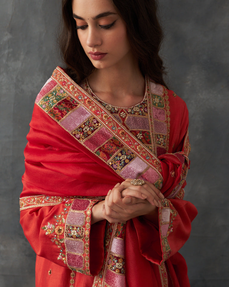 Velvet patchwork pakistani kurta set with heavy bottom & dupatta.