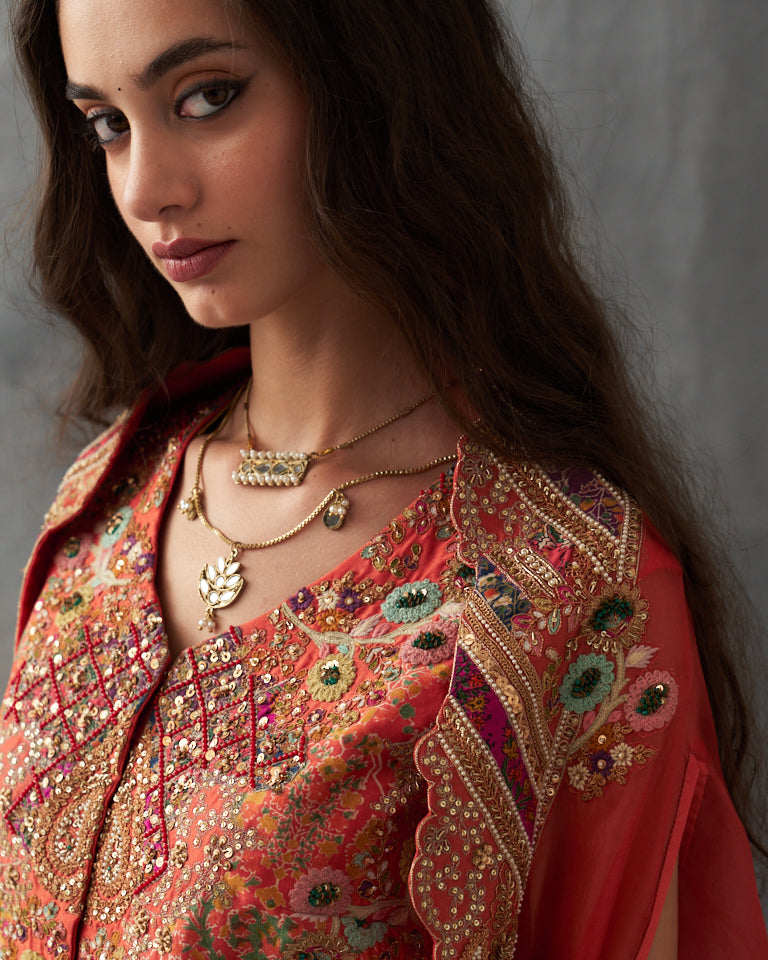 Gulrez short jacket with cape & embroidered sharara set.