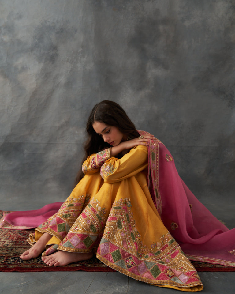 Velvet patchwork short kurta with Sharara pants & dupatta.