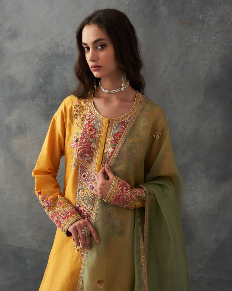 Velvet patchwork Knee length yellow kurta with pants & organza dupatta.
