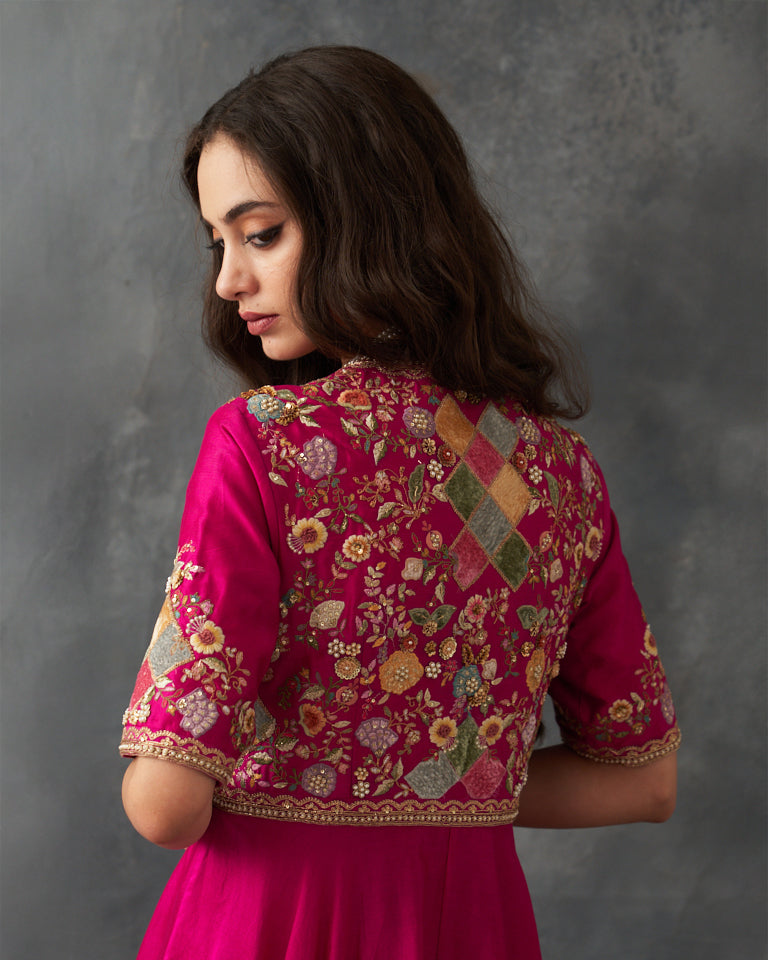 Velvet patchwork Asymetrical kurta kalidar with bottom.